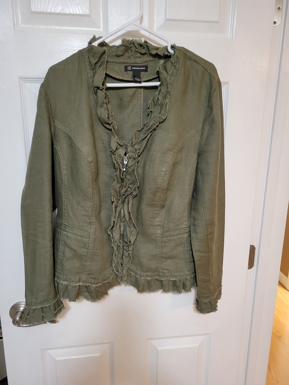 INC International Concepts Olive Green Ruffle-Trim Blazer